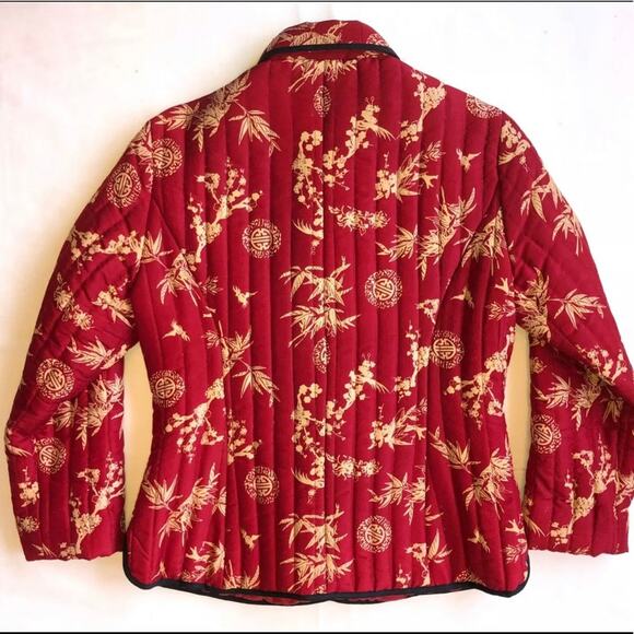 Carole Little S Asian Motif Red Silk Quilted Lightweight Button-Front Jacket - Picture 2 of 9